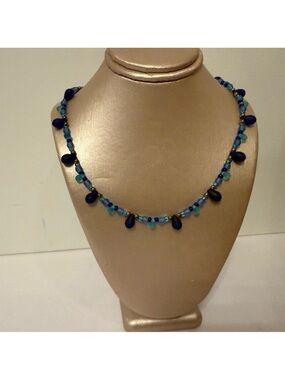 AUSTIN DESIGN NECKLACE BLUE FROSTED GLASS BEADS STERLING SILVER 925 ACCENT 16”